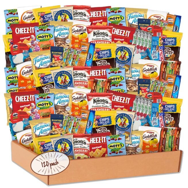 Snack Box Variety Pack (120 Count) - Snacks Variety Pack for Adults, Kids and Teens with Chips, Cookies & Bars - Care Package for College Students, Birthdays, Travel and Office
