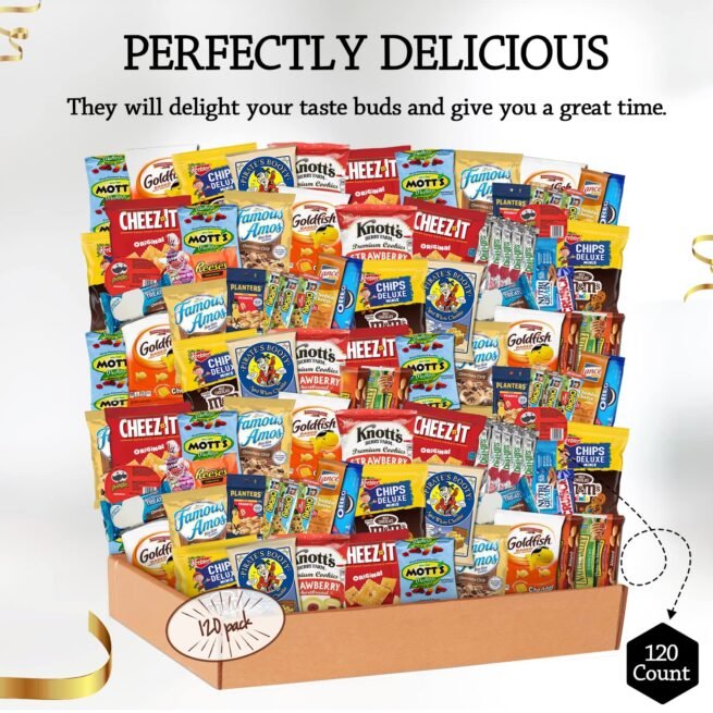 Snack Box Variety Pack (120 Count) - Snacks Variety Pack for Adults, Kids and Teens with Chips, Cookies & Bars - Care Package for College Students, Birthdays, Travel and Office